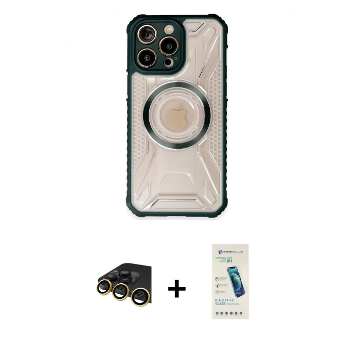 MARSİLYAN™- iPhone 13 Pro Max Kılıf Kutup Modern - Şeffaf Pasifik Cam Ekran Koruyucu + Raze Metal Kamera Lens - GD