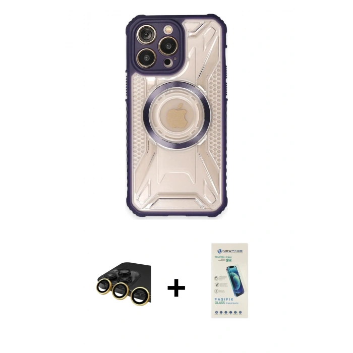 MARSİLYAN™- iPhone 13 Pro Max Kılıf Kutup Modern - Şeffaf Pasifik Cam Ekran Koruyucu + Raze Metal Kamera Lens - GD
