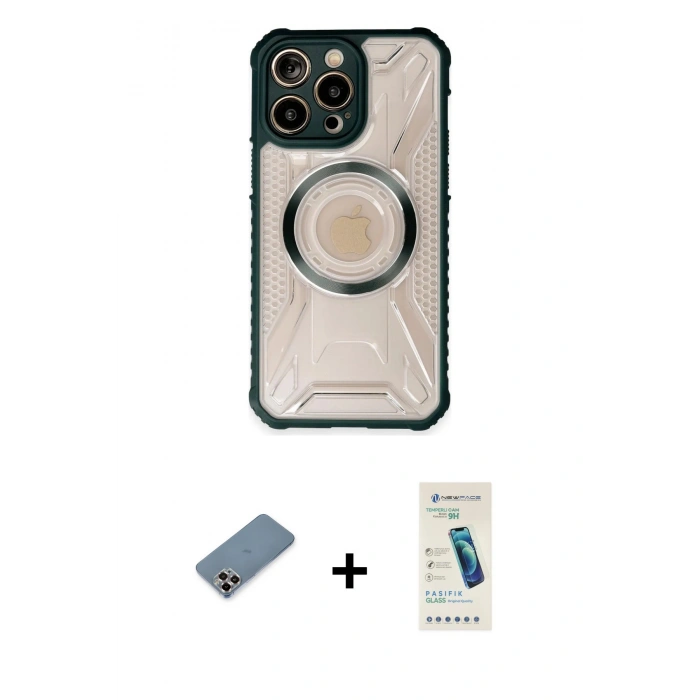 MARSİLYAN™- iPhone 13 Pro Max Kılıf Kutup Modern - Şeffaf Pasifik Cam Ekran Koruyucu + Mor Metal Kamera Lens Koruma Cam