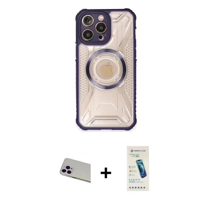 MARSİLYAN™- iPhone 13 Pro Max Kılıf Kutup Modern - Şeffaf Pasifik Cam Ekran Koruyucu + Mor Rainbow Kamera Lens Koruma Cam