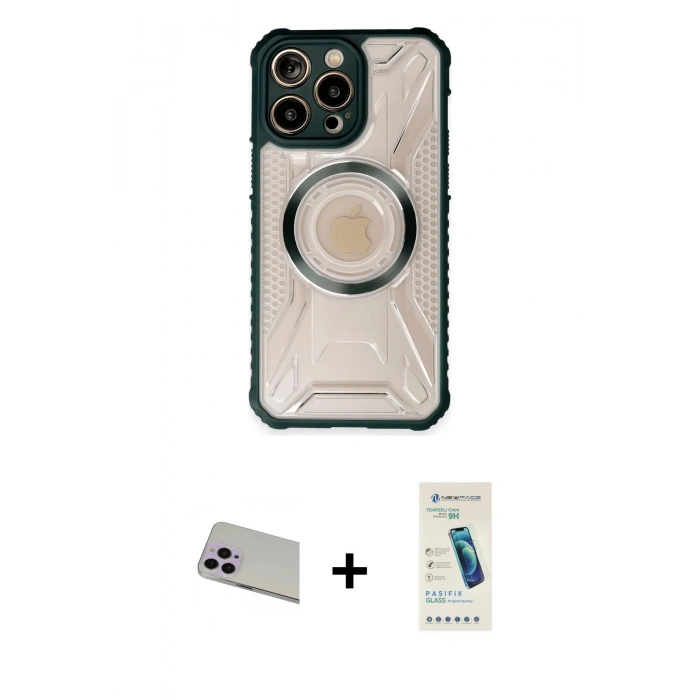 MARSİLYAN™- iPhone 13 Pro Max Kılıf Kutup Modern - Şeffaf Pasifik Cam Ekran Koruyucu + Mor Rainbow Kamera Lens Koruma Cam