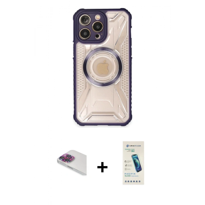 MARSİLYAN™- iPhone 13 Pro Max Kılıf Kutup Modern - Şeffaf Pasifik Cam Ekran Koruyucu + Pers Alüminyum Kamera Lens - GI