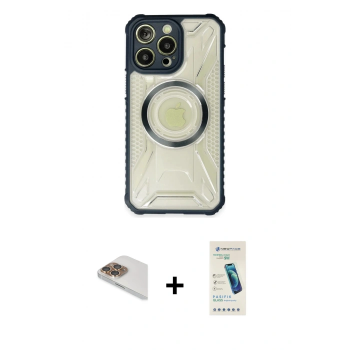 MARSİLYAN™- iPhone 13 Pro Max Kılıf Kutup Modern - Şeffaf Pasifik Cam Ekran Koruyucu + Pers Alüminyum Kamera Lens - GD