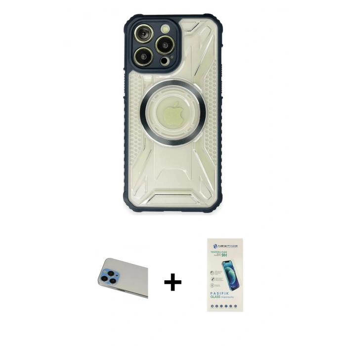 MARSİLYAN™- iPhone 13 Pro Max Kılıf Kutup Modern - Şeffaf Pasifik Cam Ekran Koruyucu + Rainbow Kamera Lens Koruma Cam - MI