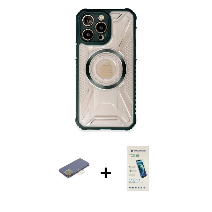 MARSİLYAN™- iPhone 13 Pro Max Kılıf Kutup Modern - Şeffaf Pasifik Cam Ekran Koruyucu + Sarı Renkli Kamera Lens Koruma Cam