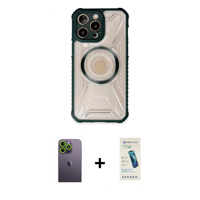 MARSİLYAN™- iPhone 13 Pro Max Kılıf Kutup Modern - Şeffaf Pasifik Cam Ekran Koruyucu + Neon Fosforlu Kamera Lens - YL