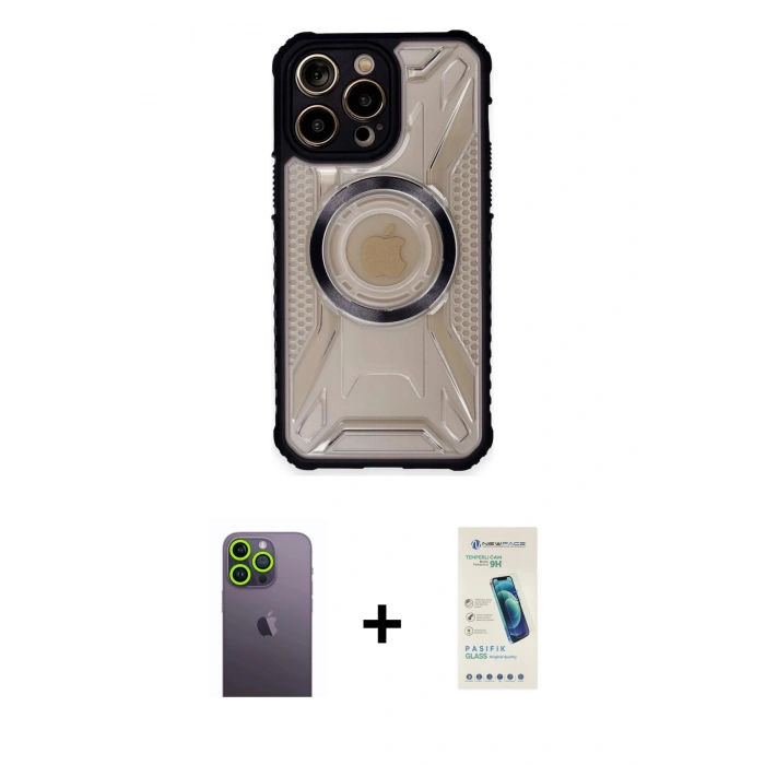 MARSİLYAN™- iPhone 13 Pro Max Kılıf Kutup Modern - Şeffaf Pasifik Cam Ekran Koruyucu + Neon Fosforlu Kamera Lens - YL