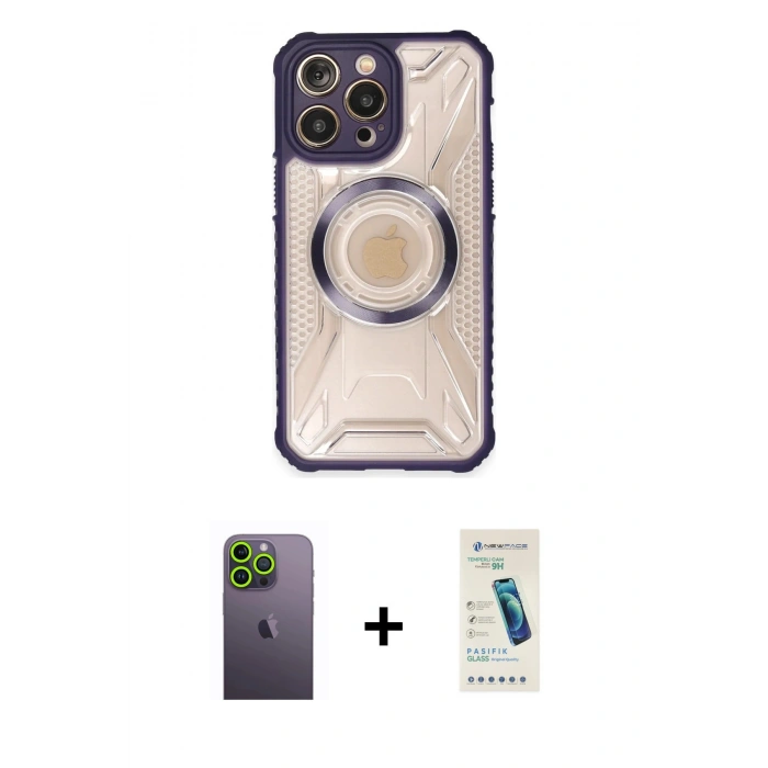 MARSİLYAN™- iPhone 13 Pro Max Kılıf Kutup Modern - Şeffaf Pasifik Cam Ekran Koruyucu + Neon Fosforlu Kamera Lens - YL