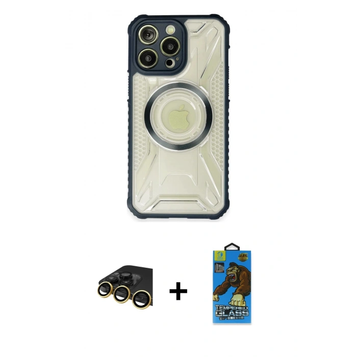 MARSİLYAN™- iPhone 13 Pro Max Kılıf Kutup Modern - Siyah 18D Cam Ekran Koruyucu + Raze Metal Kamera Lens - GD