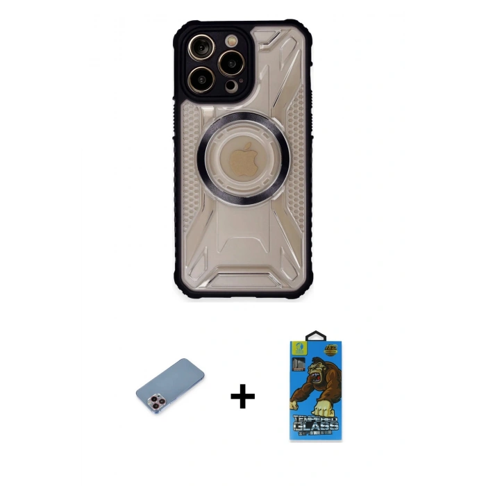 MARSİLYAN™- iPhone 13 Pro Max Kılıf Kutup Modern - Siyah 18D Cam Ekran Koruyucu + Shine Kamera Lens Koruma Cam - PE