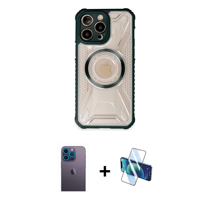 MARSİLYAN™- iPhone 13 Pro Max Kılıf Kutup Modern - Siyah 3D Antistatik Cam Ekran Koruyucu + Neon Fosforlu Kamera Lens - MI