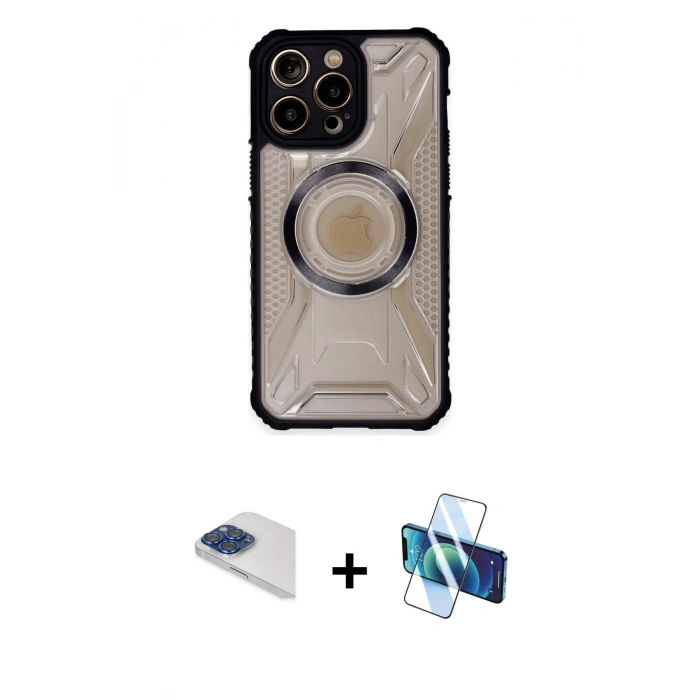 MARSİLYAN™- iPhone 13 Pro Max Kılıf Kutup Modern - Siyah 3D Antistatik Cam Ekran Koruyucu + Pers Alüminyum Kamera Lens - LT