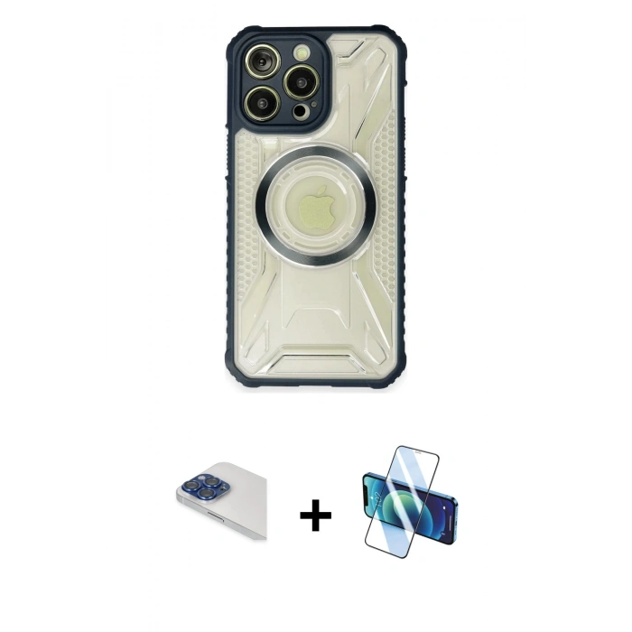 MARSİLYAN™- iPhone 13 Pro Max Kılıf Kutup Modern - Siyah 3D Antistatik Cam Ekran Koruyucu + Pers Alüminyum Kamera Lens - LT