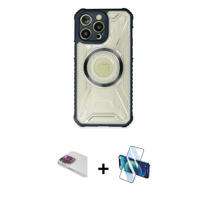 MARSİLYAN™- iPhone 13 Pro Max Kılıf Kutup Modern - Siyah 3D Antistatik Cam Ekran Koruyucu + Pers Alüminyum Kamera Lens - GI