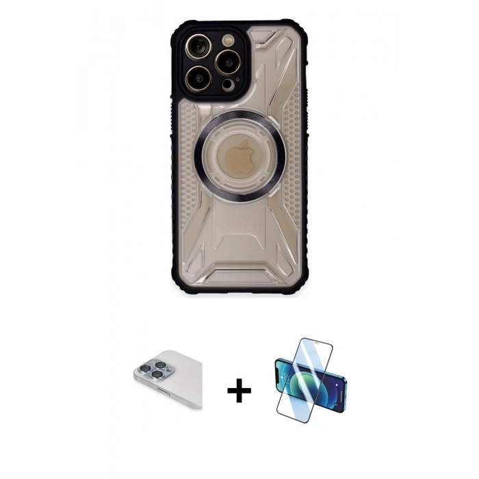 MARSİLYAN™- iPhone 13 Pro Max Kılıf Kutup Modern - Siyah 3D Antistatik Cam Ekran Koruyucu + Pers Alüminyum Kamera Lens - SABE