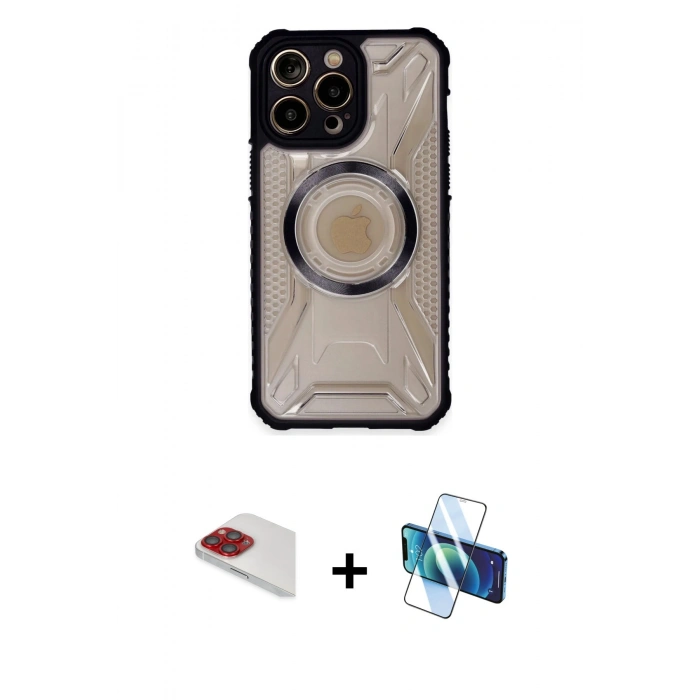 MARSİLYAN™- iPhone 13 Pro Max Kılıf Kutup Modern - Siyah 3D Antistatik Cam Ekran Koruyucu + Pers Alüminyum Kamera Lens - KI