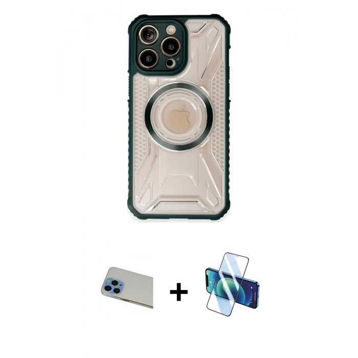 MARSİLYAN™- iPhone 13 Pro Max Kılıf Kutup Modern - Siyah 3D Antistatik Cam Ekran Koruyucu + Rainbow Kamera Lens Koruma Cam - MI