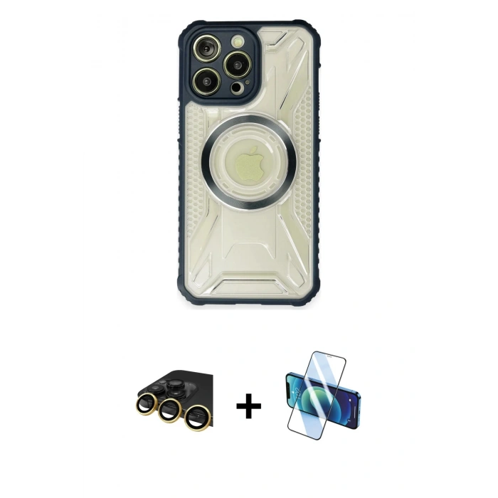 MARSİLYAN™- iPhone 13 Pro Max Kılıf Kutup Modern - Siyah 3D Antistatik Cam Ekran Koruyucu + Raze Metal Kamera Lens - GD
