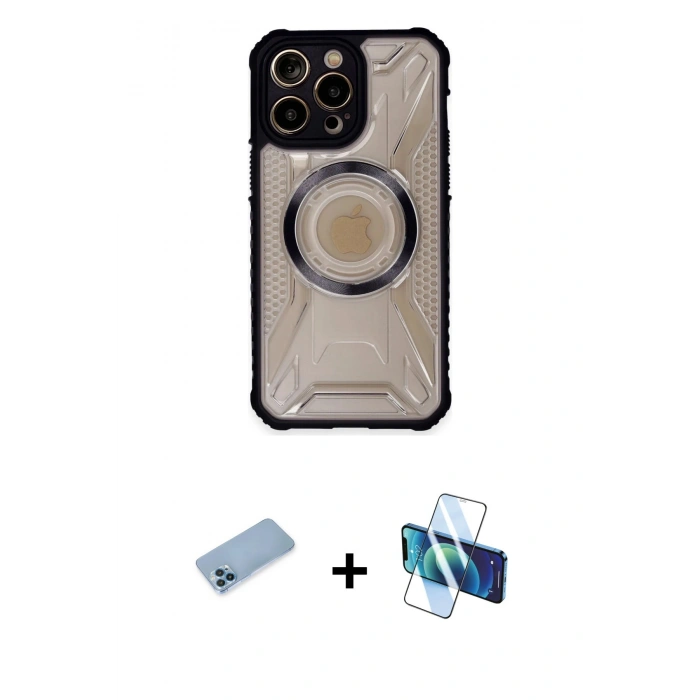 MARSİLYAN™- iPhone 13 Pro Max Kılıf Kutup Modern - Siyah 3D Antistatik Cam Ekran Koruyucu + Shine Kamera Lens Koruma Cam - MI