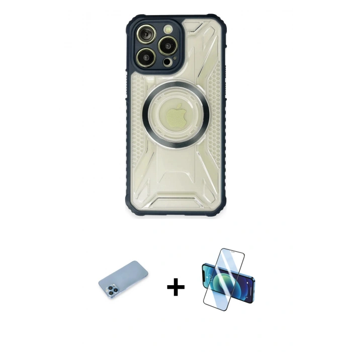 MARSİLYAN™- iPhone 13 Pro Max Kılıf Kutup Modern - Siyah 3D Antistatik Cam Ekran Koruyucu + Shine Kamera Lens Koruma Cam - MI