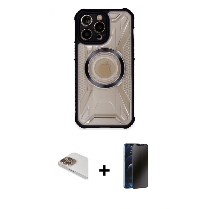 MARSİLYAN™- iPhone 13 Pro Max Kılıf Kutup Modern - Siyah 3D Antistatik Hayalet Cam Ekran Koruyucu + Pers Alüminyum Kamera Lens - GD