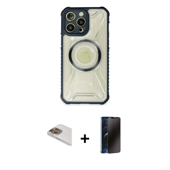 MARSİLYAN™- iPhone 13 Pro Max Kılıf Kutup Modern - Siyah 3D Antistatik Hayalet Cam Ekran Koruyucu + Pers Alüminyum Kamera Lens - GD