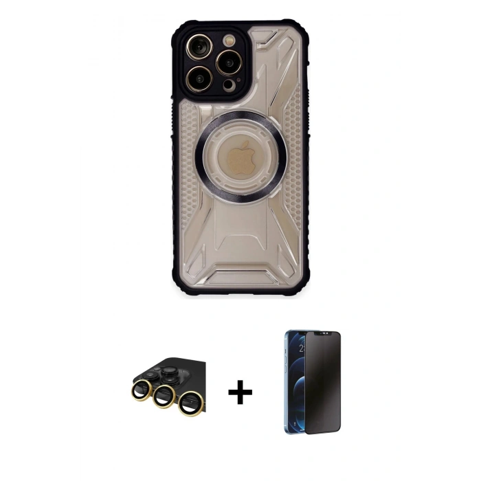 MARSİLYAN™- iPhone 13 Pro Max Kılıf Kutup Modern - Siyah 3D Antistatik Hayalet Cam Ekran Koruyucu + Raze Metal Kamera Lens - GD