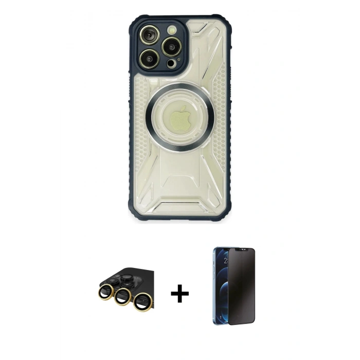 MARSİLYAN™- iPhone 13 Pro Max Kılıf Kutup Modern - Siyah 3D Antistatik Hayalet Cam Ekran Koruyucu + Raze Metal Kamera Lens - GD