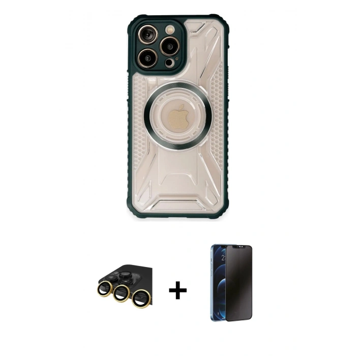MARSİLYAN™- iPhone 13 Pro Max Kılıf Kutup Modern - Siyah 3D Antistatik Hayalet Cam Ekran Koruyucu + Raze Metal Kamera Lens - GD