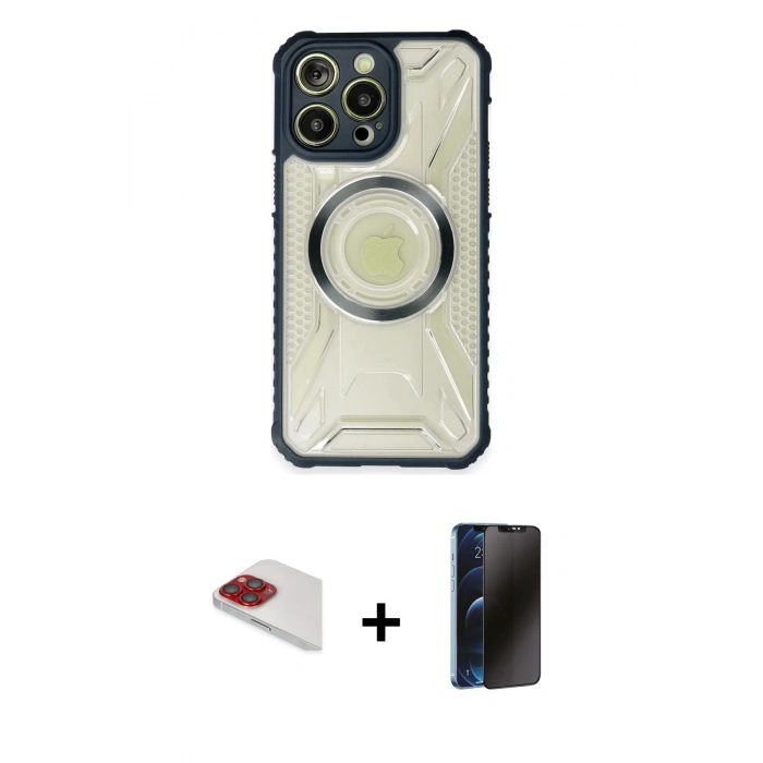 MARSİLYAN™- iPhone 13 Pro Max Kılıf Kutup Modern - Siyah 3D Antistatik Hayalet Cam Ekran Koruyucu + Pers Alüminyum Kamera Lens - KI