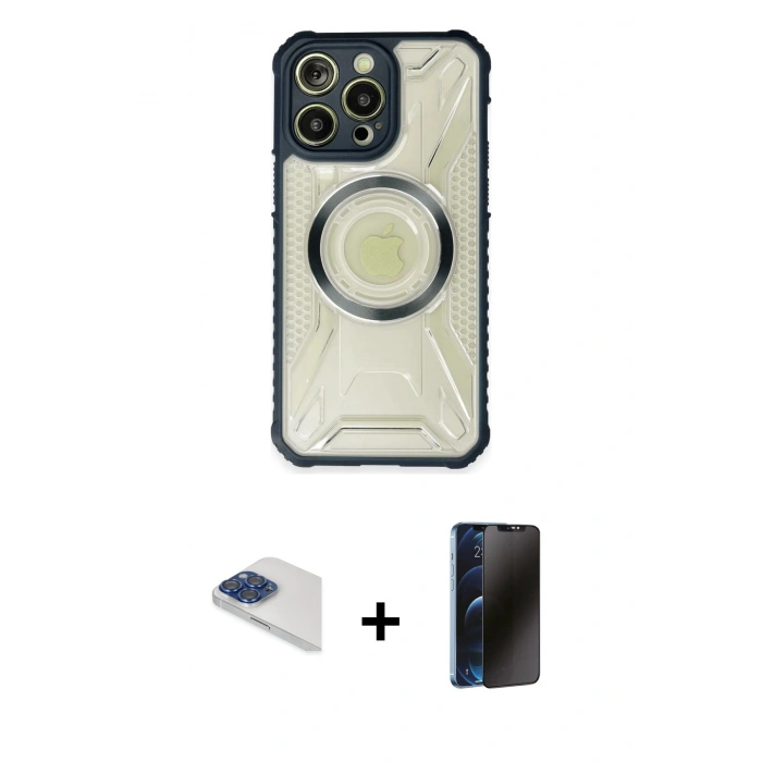 MARSİLYAN™- iPhone 13 Pro Max Kılıf Kutup Modern - Siyah 3D Antistatik Hayalet Cam Ekran Koruyucu + Pers Alüminyum Kamera Lens - LT