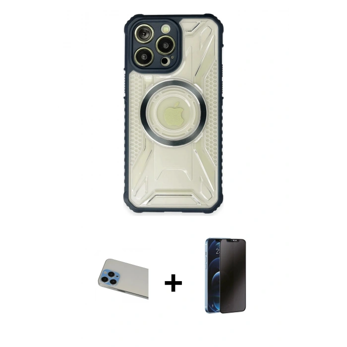 MARSİLYAN™- iPhone 13 Pro Max Kılıf Kutup Modern - Siyah 3D Antistatik Hayalet Cam Ekran Koruyucu + Rainbow Kamera Lens Koruma Cam - MI