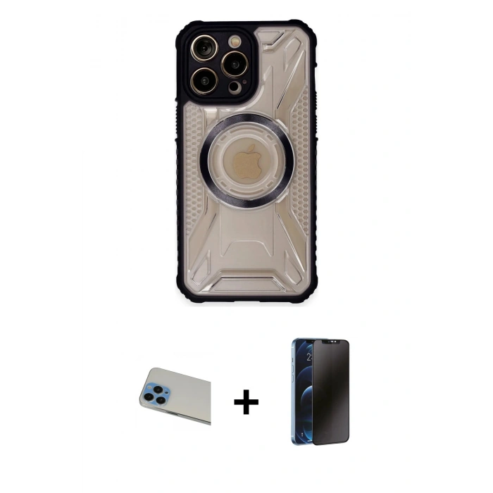 MARSİLYAN™- iPhone 13 Pro Max Kılıf Kutup Modern - Siyah 3D Antistatik Hayalet Cam Ekran Koruyucu + Rainbow Kamera Lens Koruma Cam - MI