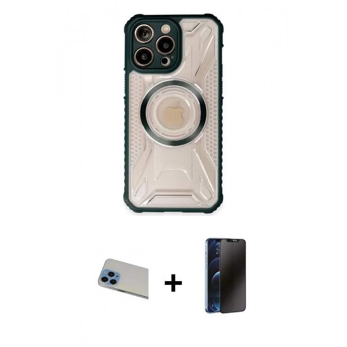MARSİLYAN™- iPhone 13 Pro Max Kılıf Kutup Modern - Siyah 3D Antistatik Hayalet Cam Ekran Koruyucu + Rainbow Kamera Lens Koruma Cam - MI