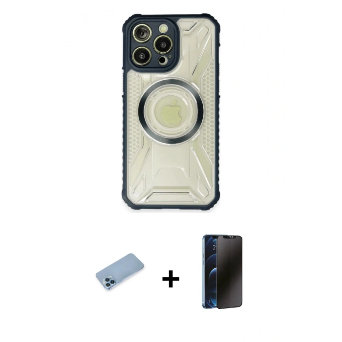 MARSİLYAN™- iPhone 13 Pro Max Kılıf Kutup Modern - Siyah 3D Antistatik Hayalet Cam Ekran Koruyucu + Shine Kamera Lens Koruma Cam - MI