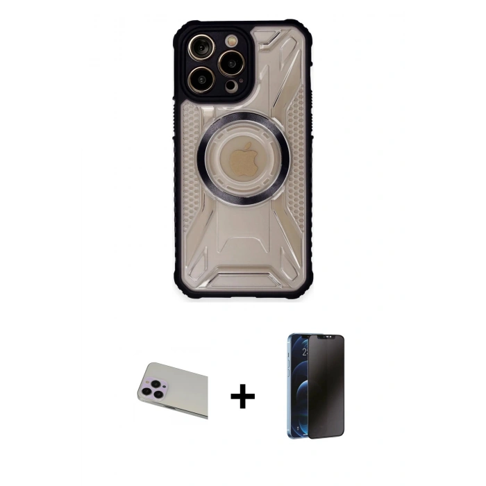 MARSİLYAN™- iPhone 13 Pro Max Kılıf Kutup Modern - Siyah 3D Antistatik Hayalet Cam Ekran Koruyucu + Rainbow Kamera Lens Koruma Cam - MR