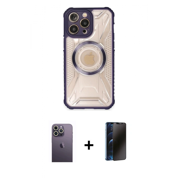 MARSİLYAN™- iPhone 13 Pro Max Kılıf Kutup Modern - Siyah 3D Antistatik Hayalet Cam Ekran Koruyucu + Neon Fosforlu Kamera Lens - BZ