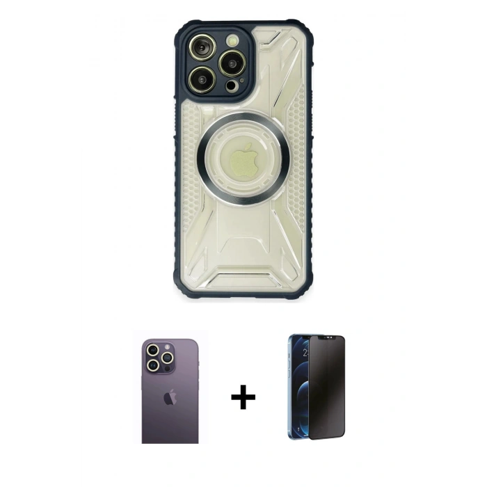MARSİLYAN™- iPhone 13 Pro Max Kılıf Kutup Modern - Siyah 3D Antistatik Hayalet Cam Ekran Koruyucu + Neon Fosforlu Kamera Lens - BZ