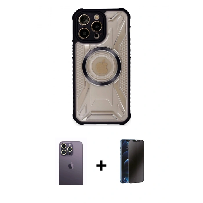 MARSİLYAN™- iPhone 13 Pro Max Kılıf Kutup Modern - Siyah 3D Antistatik Hayalet Cam Ekran Koruyucu + Neon Fosforlu Kamera Lens - BZ