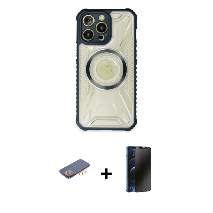 MARSİLYAN™- iPhone 13 Pro Max Kılıf Kutup Modern - Siyah 3D Antistatik Hayalet Cam Ekran Koruyucu + Renkli Kamera Lens Koruma Cam - TU