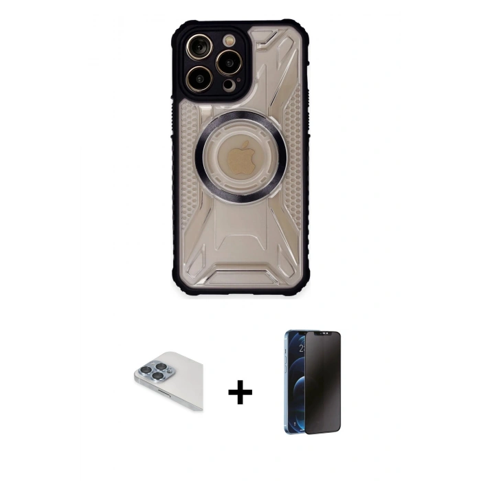 MARSİLYAN™- iPhone 13 Pro Max Kılıf Kutup Modern - Siyah 3D Antistatik Hayalet Cam Ekran Koruyucu + Pers Alüminyum Kamera Lens - SABE