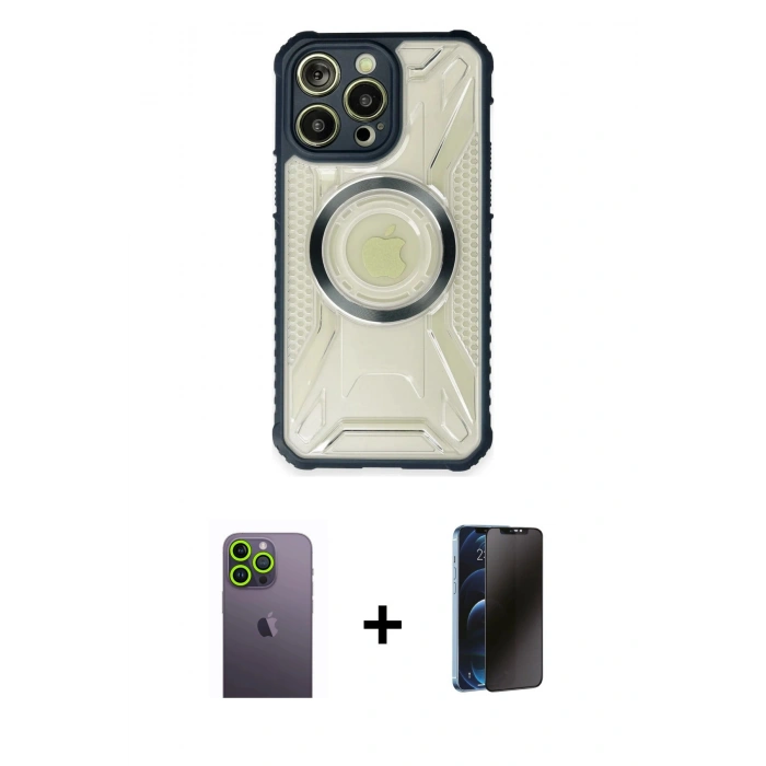 MARSİLYAN™- iPhone 13 Pro Max Kılıf Kutup Modern - Siyah 3D Antistatik Hayalet Cam Ekran Koruyucu + Neon Fosforlu Kamera Lens - YL