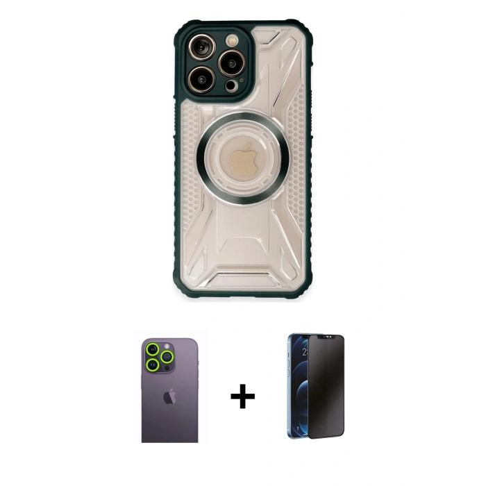 MARSİLYAN™- iPhone 13 Pro Max Kılıf Kutup Modern - Siyah 3D Antistatik Hayalet Cam Ekran Koruyucu + Neon Fosforlu Kamera Lens - YL