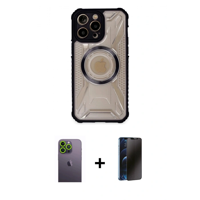 MARSİLYAN™- iPhone 13 Pro Max Kılıf Kutup Modern - Siyah 3D Antistatik Hayalet Cam Ekran Koruyucu + Neon Fosforlu Kamera Lens - YL