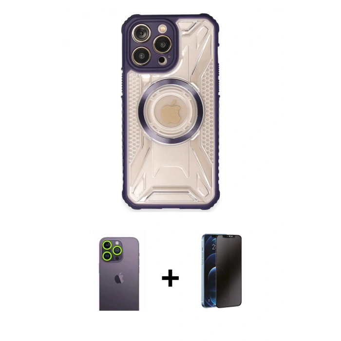 MARSİLYAN™- iPhone 13 Pro Max Kılıf Kutup Modern - Siyah 3D Antistatik Hayalet Cam Ekran Koruyucu + Neon Fosforlu Kamera Lens - YL