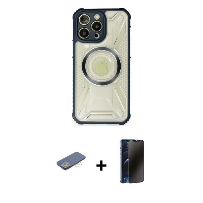 MARSİLYAN™- iPhone 13 Pro Max Kılıf Kutup Modern - Siyah 3D Antistatik Hayalet Cam Ekran Koruyucu + Renkli Kamera Lens Koruma Cam - YL