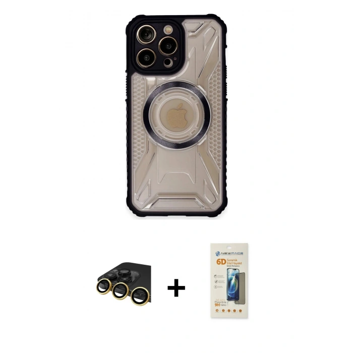 MARSİLYAN™- iPhone 13 Pro Max Kılıf Kutup Modern - Siyah 6D Mat Seramik Hayalet Nano Ekran Koruyucu + Gold Raze Metal Kamera Lens