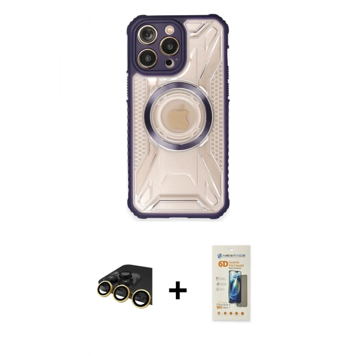 MARSİLYAN™- iPhone 13 Pro Max Kılıf Kutup Modern - Siyah 6D Mat Seramik Hayalet Nano Ekran Koruyucu + Gold Raze Metal Kamera Lens