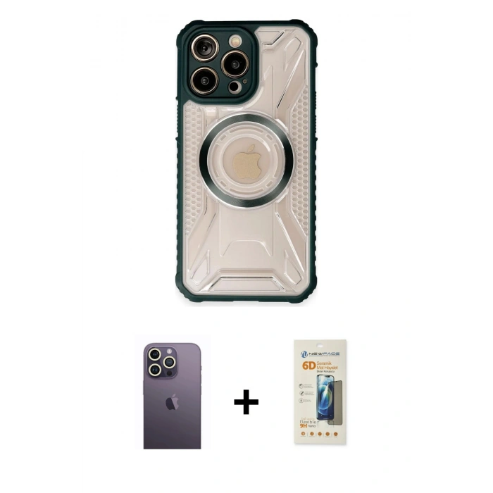 MARSİLYAN™- iPhone 13 Pro Max Kılıf Kutup Modern - Siyah 6D Mat Seramik Hayalet Nano Ekran Koruyucu + Neon Fosforlu Kamera Lens - BZ