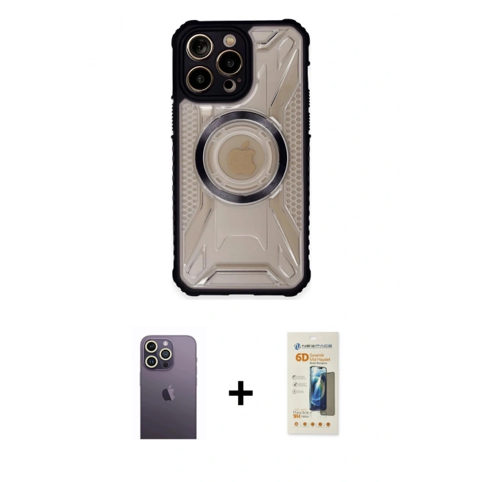MARSİLYAN™- iPhone 13 Pro Max Kılıf Kutup Modern - Siyah 6D Mat Seramik Hayalet Nano Ekran Koruyucu + Neon Fosforlu Kamera Lens - BZ